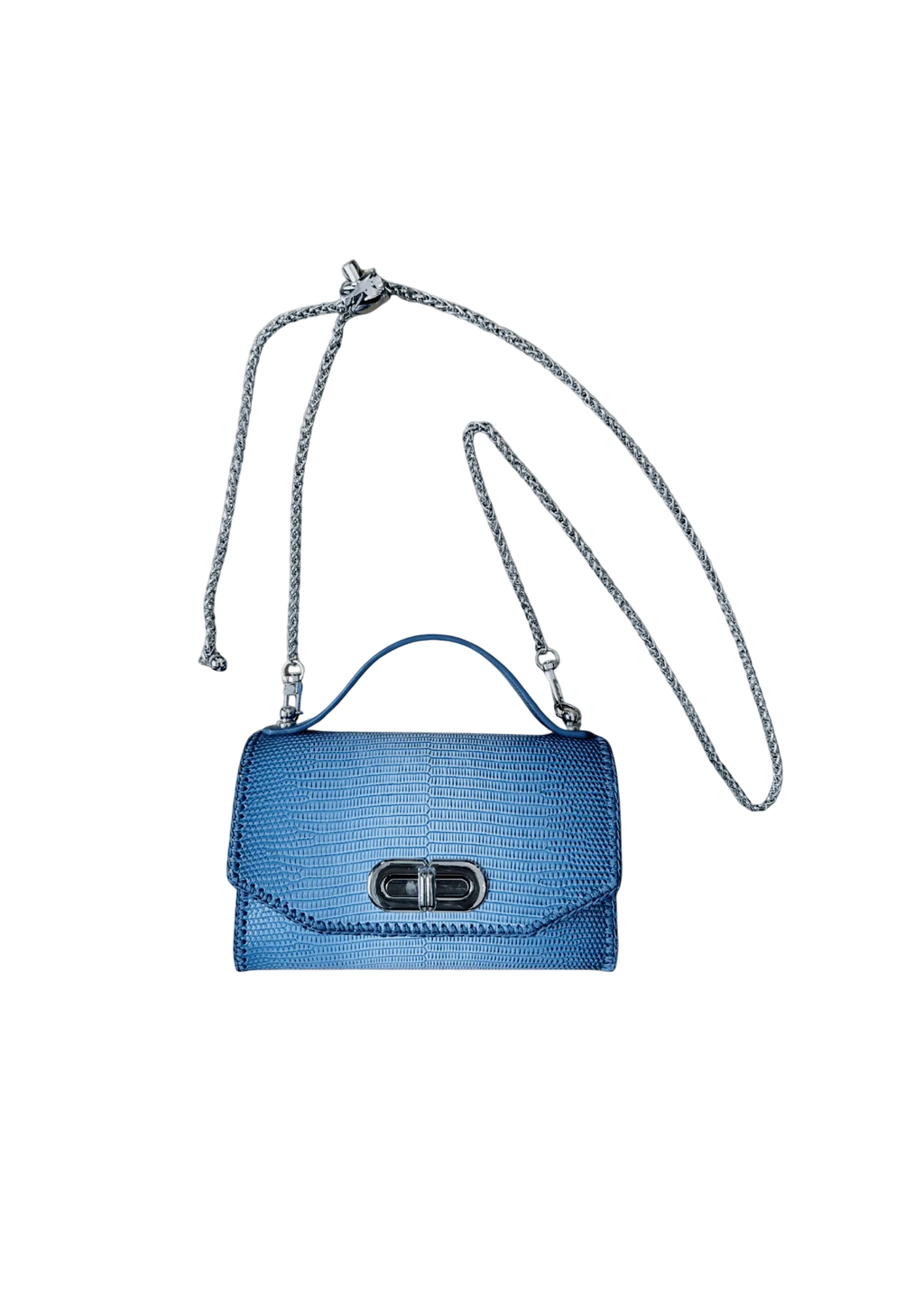 Blue textured handbag with a chain strap on a white background