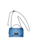 Blue textured handbag with a chain strap on a white background