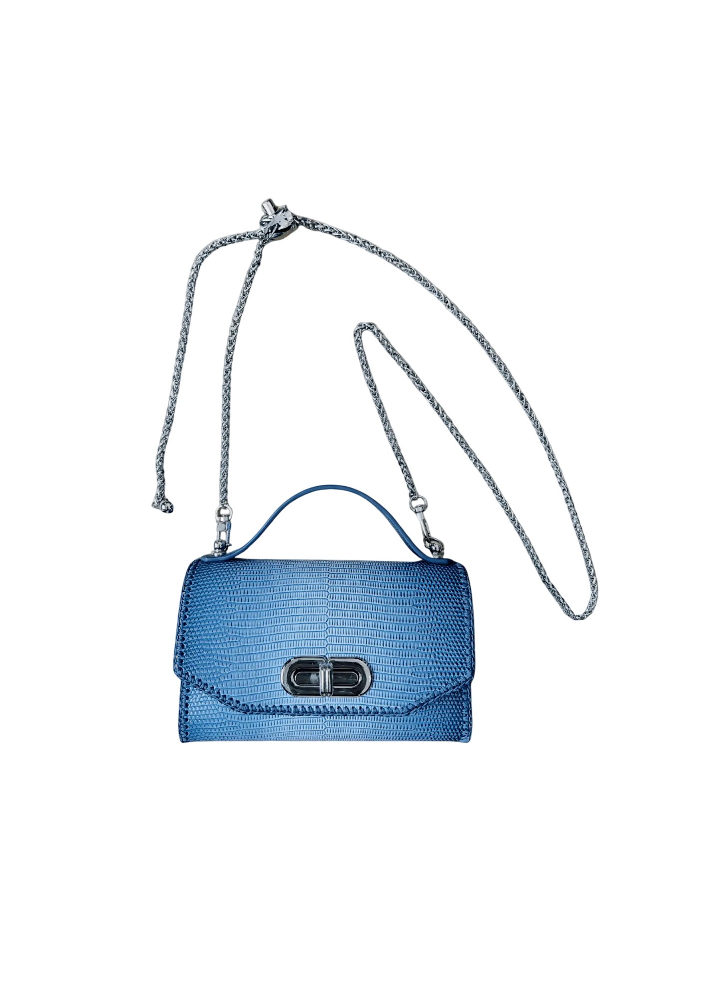 Blue textured handbag with a chain strap on a white background