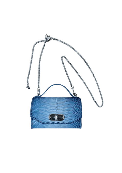 Blue textured handbag with a chain strap on a white background
