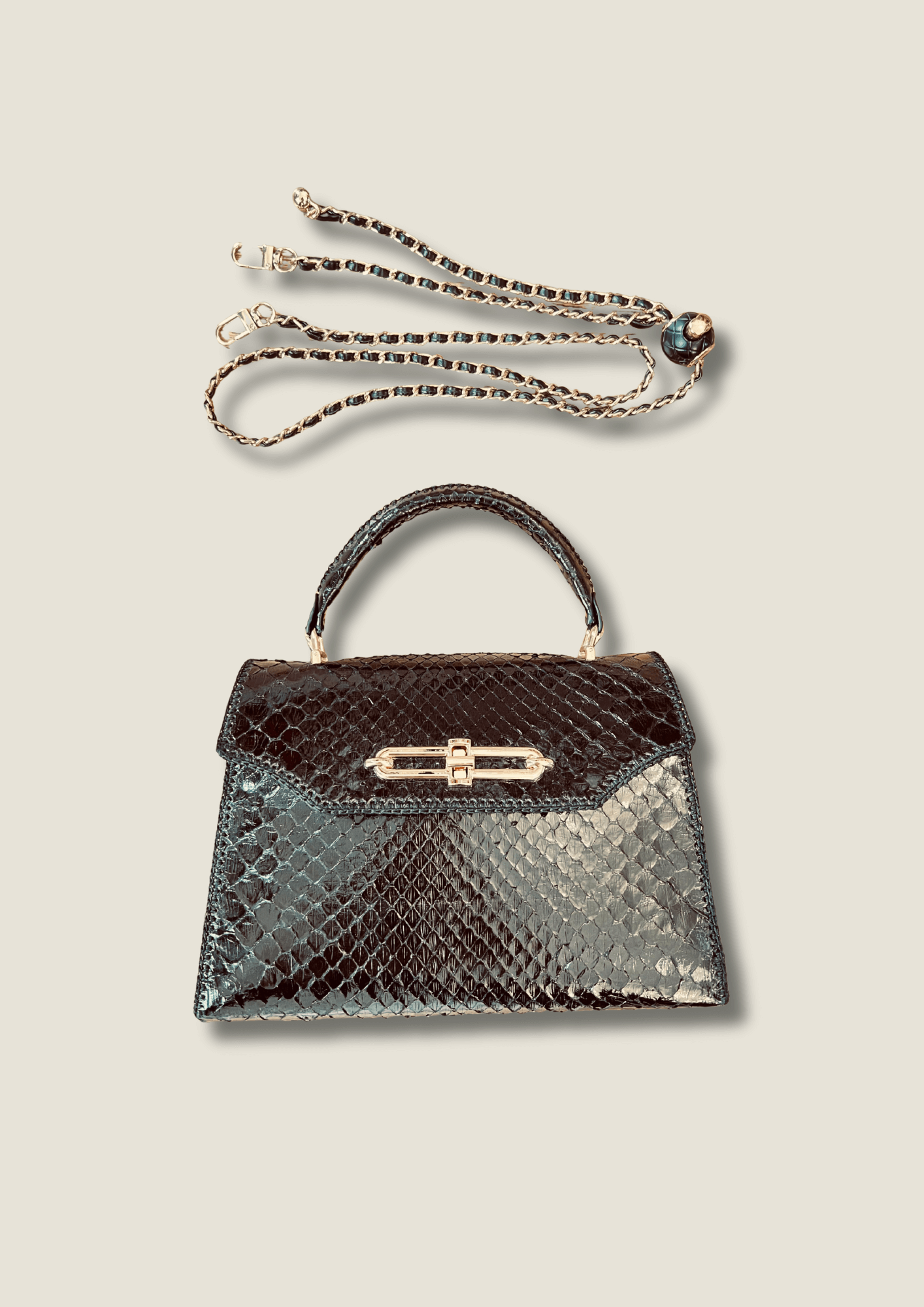 Black python top handle bag