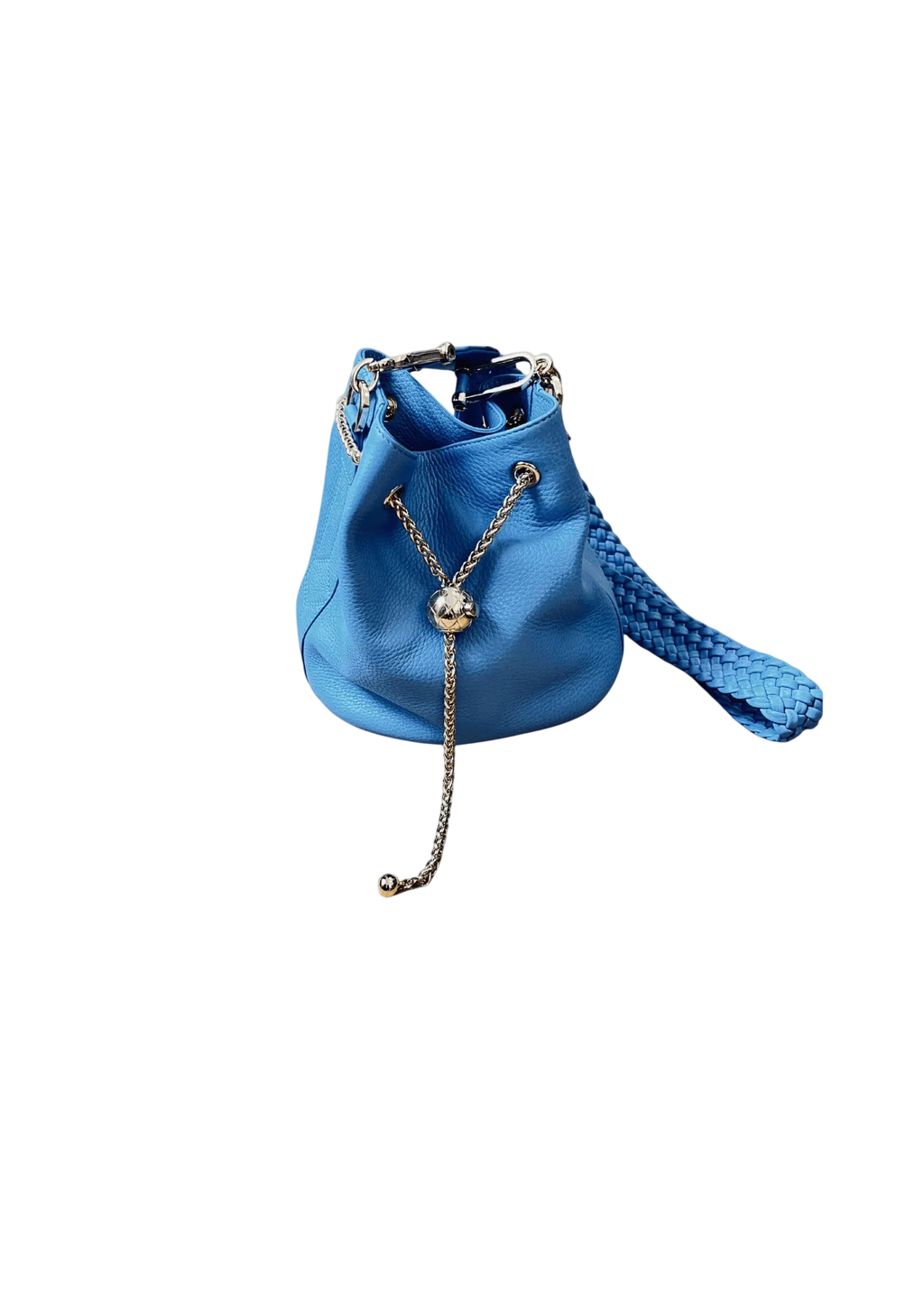 Blue leather bucket bag with a chain detail on a white background