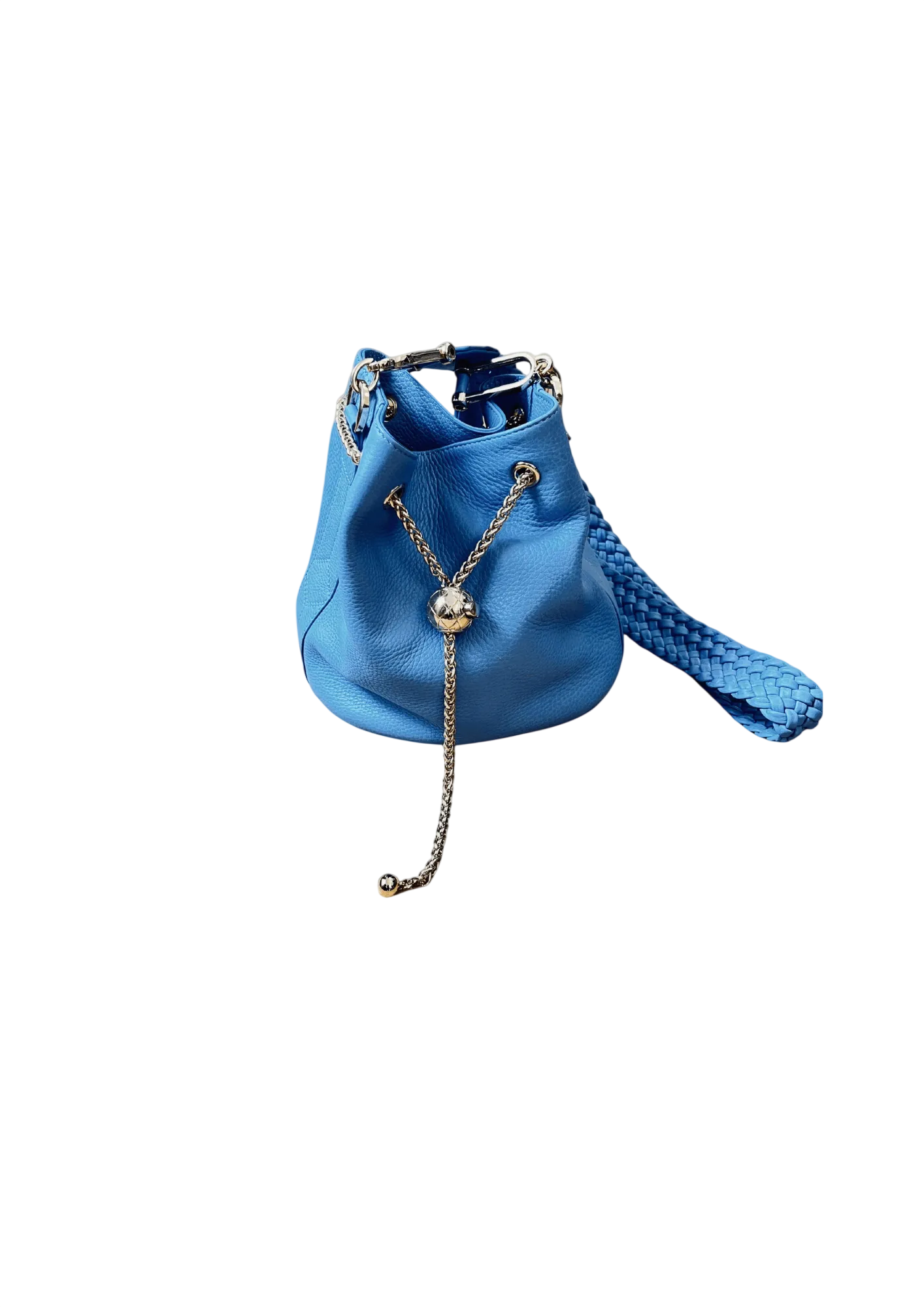 Blue leather bucket bag with a chain detail on a white background