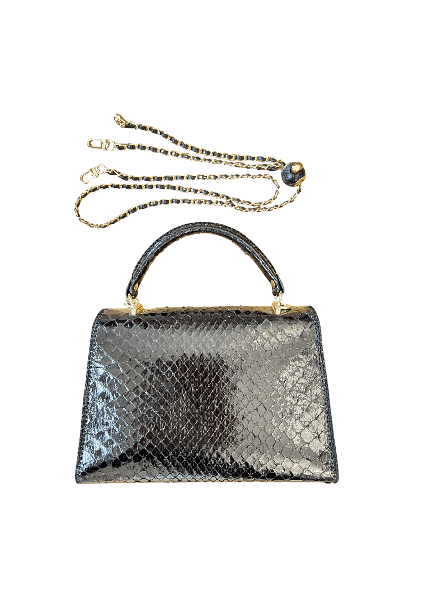 Black python top handle bag