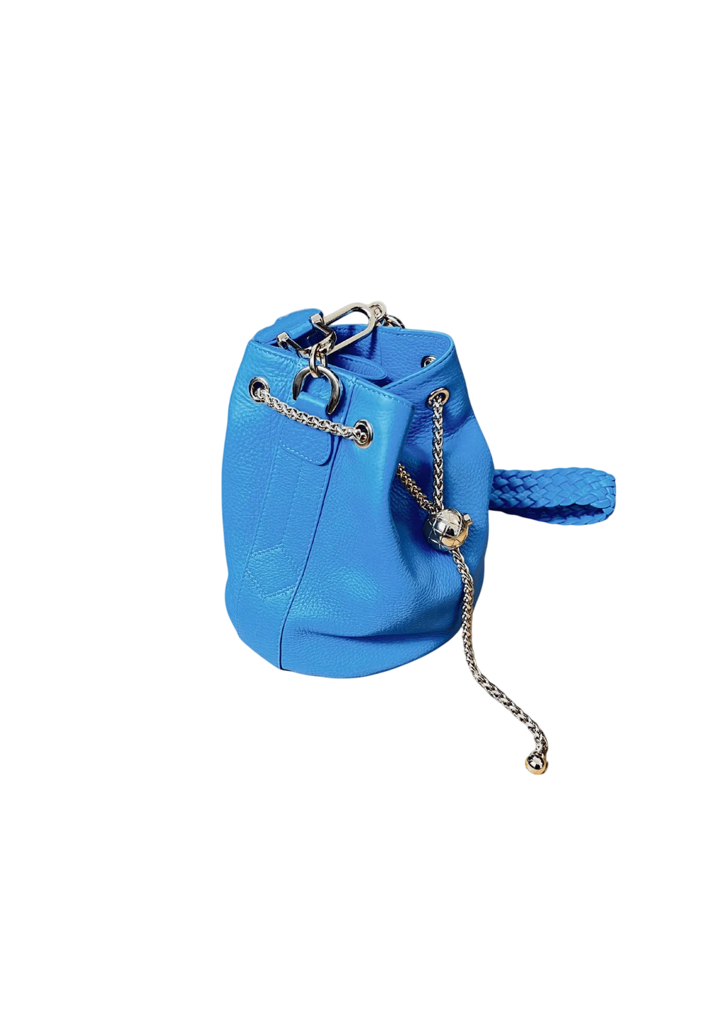 Blue bucket bag with chain detail on a white background