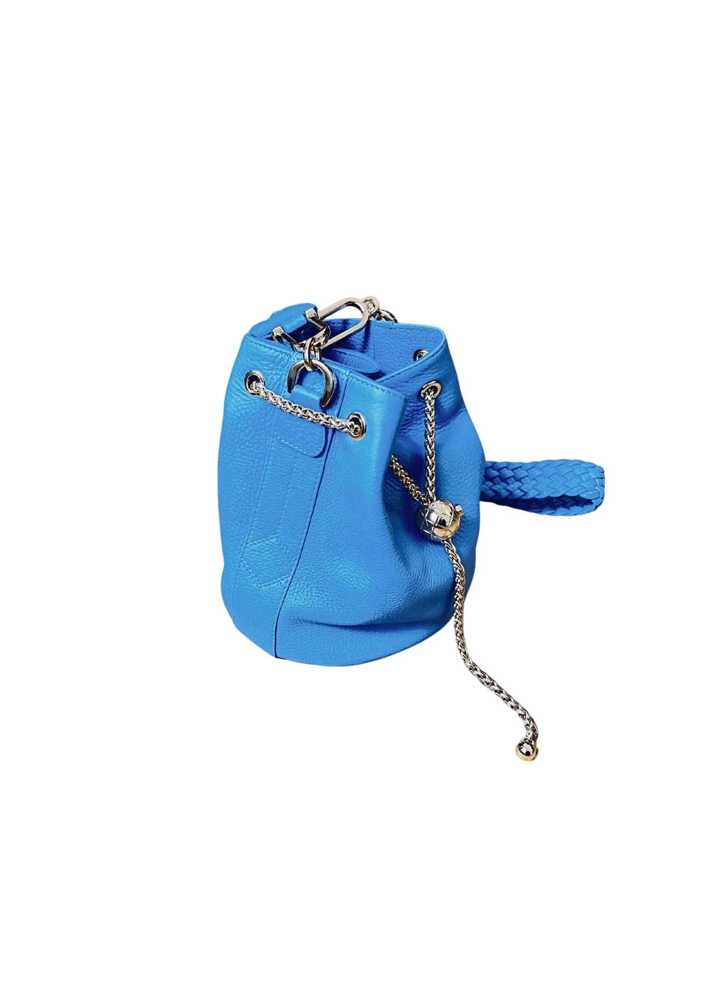 Blue bucket bag with chain detail on a white background