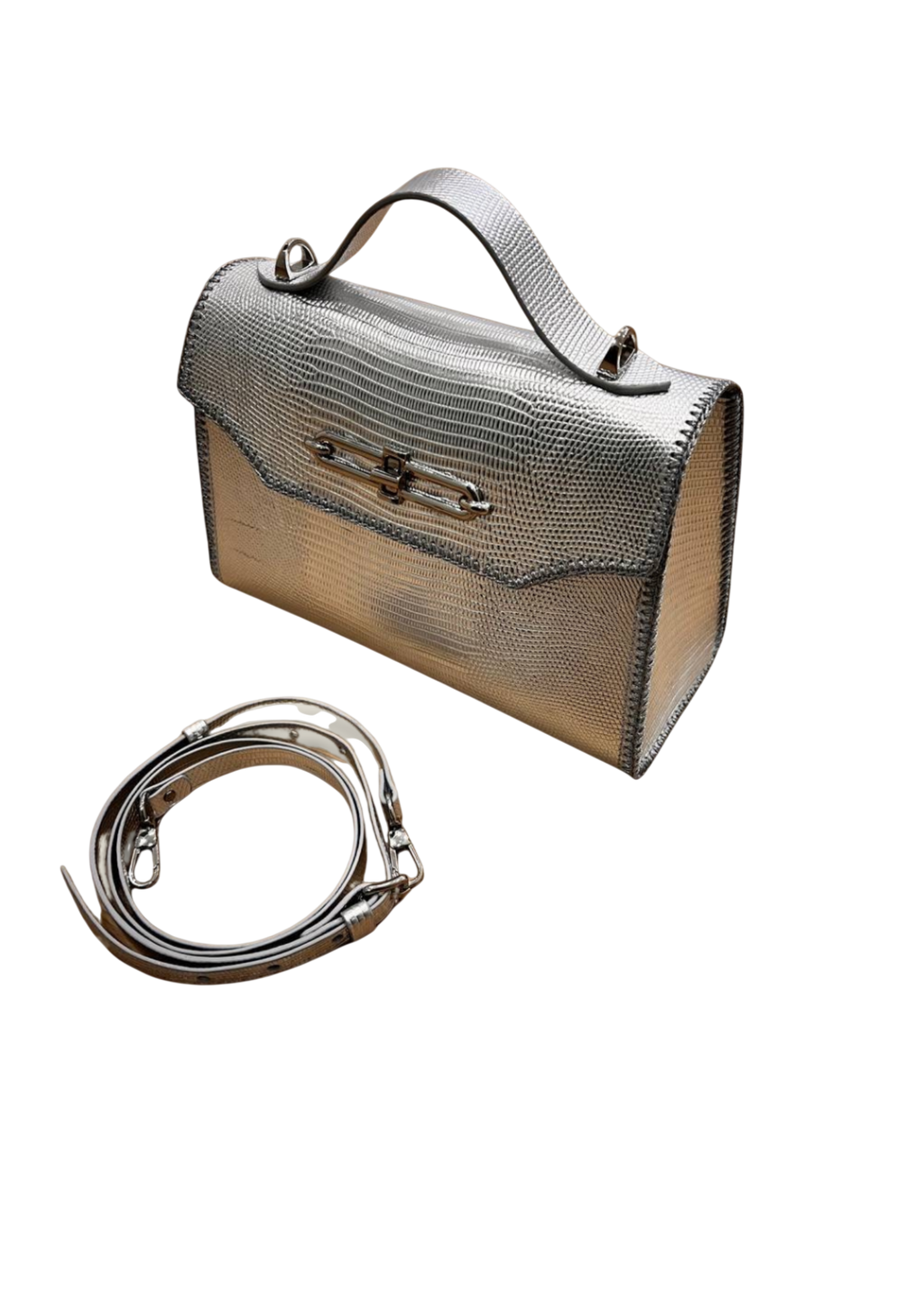 Silver lizard embossed leather bag