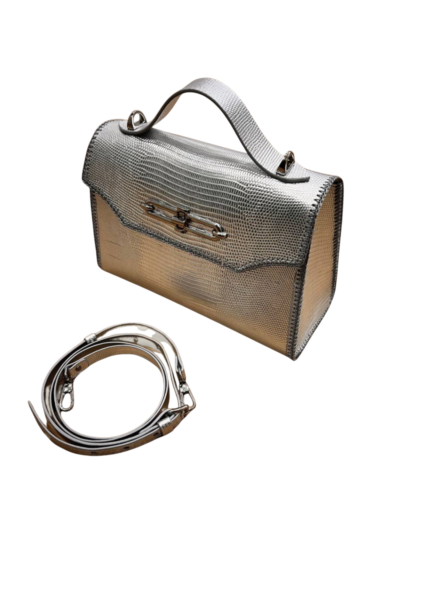 Silver lizard embossed leather bag