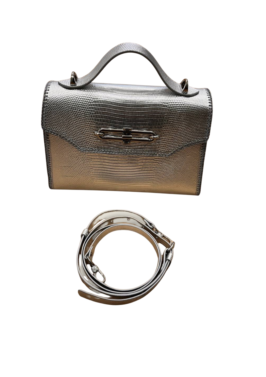 Silver lizard embossed leather bag