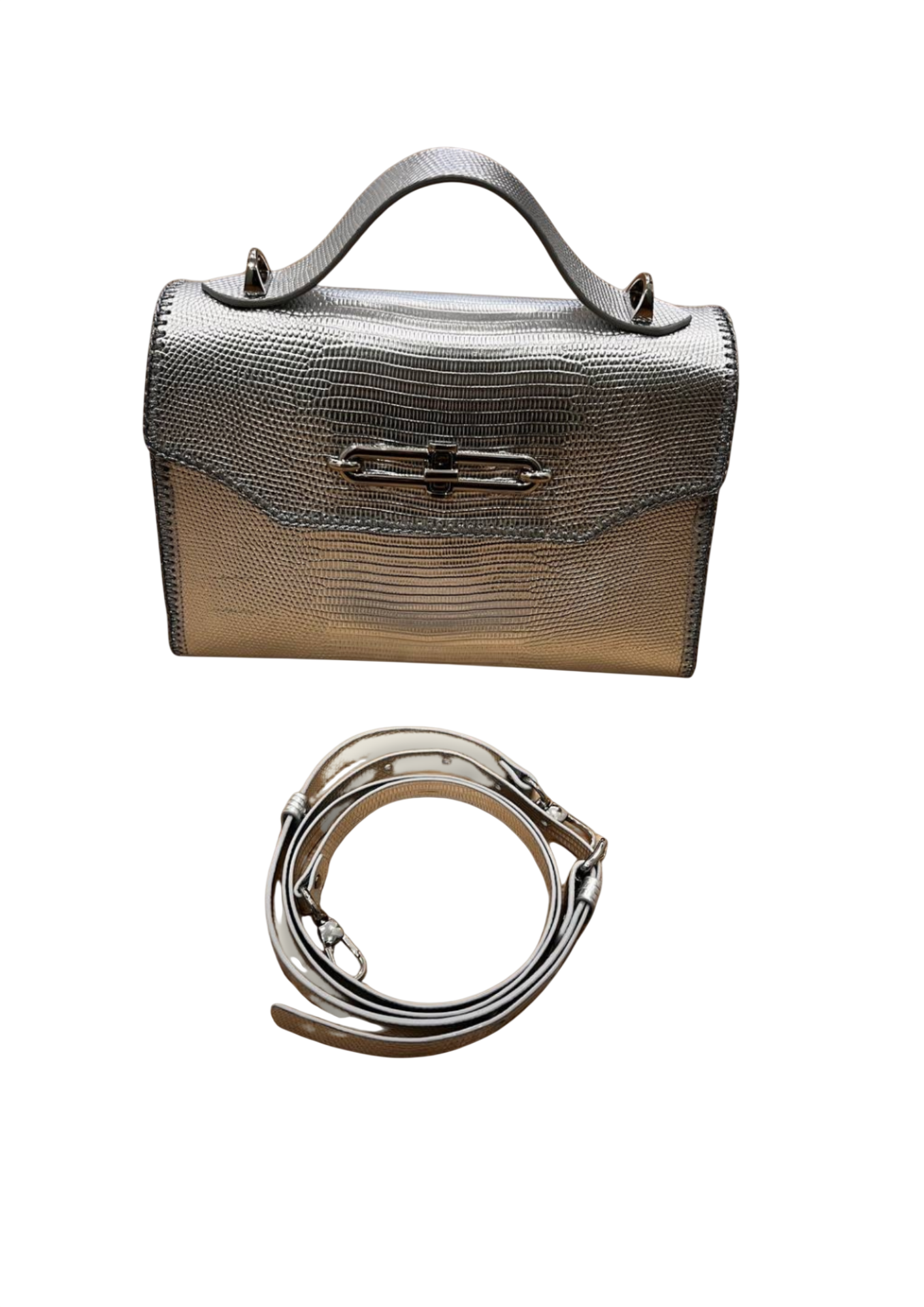 Silver lizard embossed leather bag