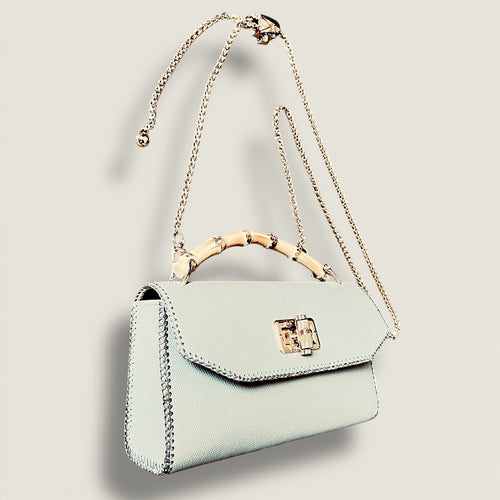 Small leather bag with bamboo handle