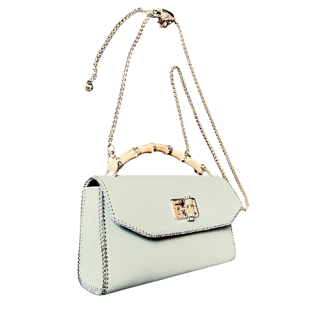 Small leather bag with bamboo handle