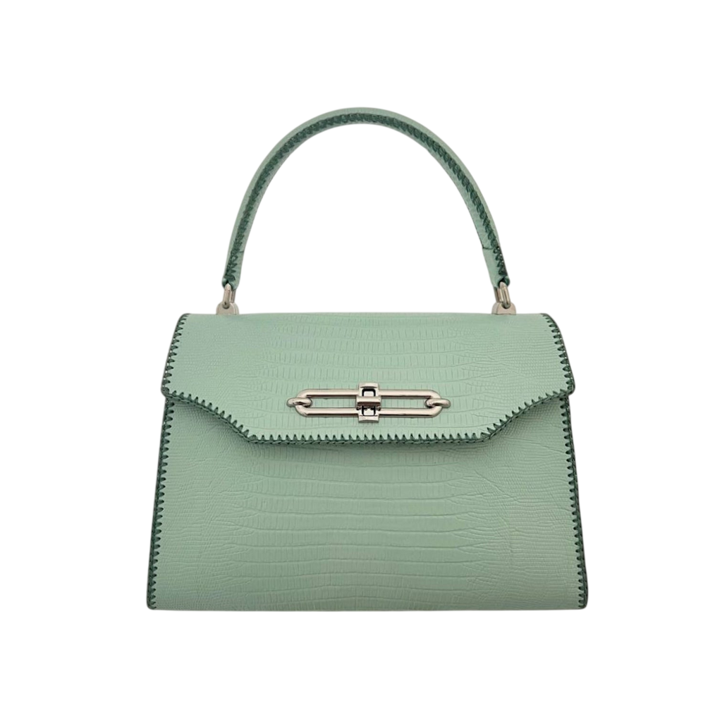 Mint lizard embossed leather top handle bag