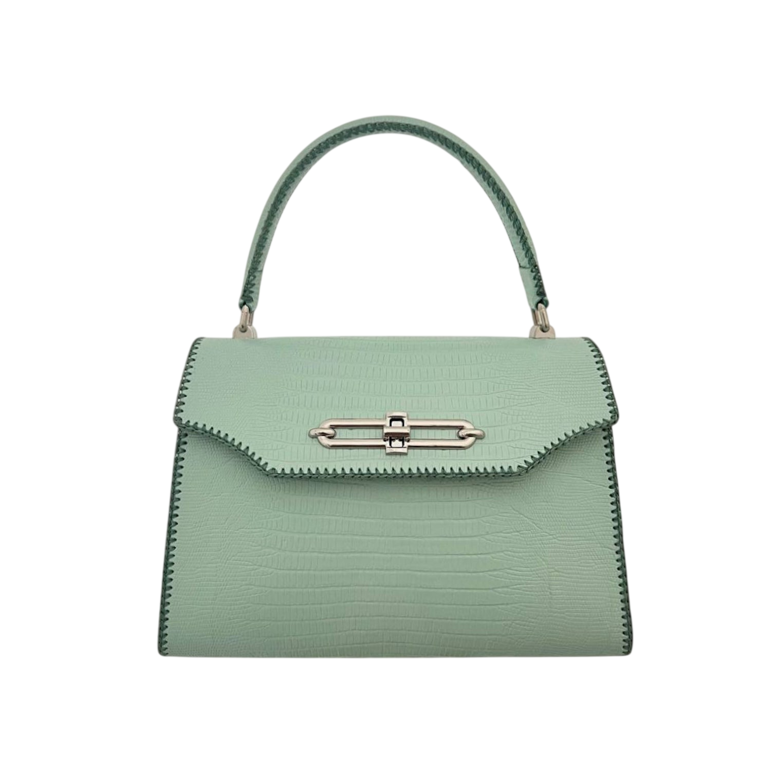 Mint lizard embossed leather top handle bag