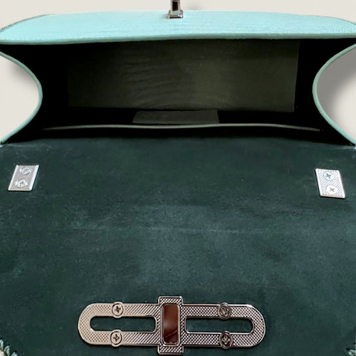 Mint lizard embossed leather top handle bag