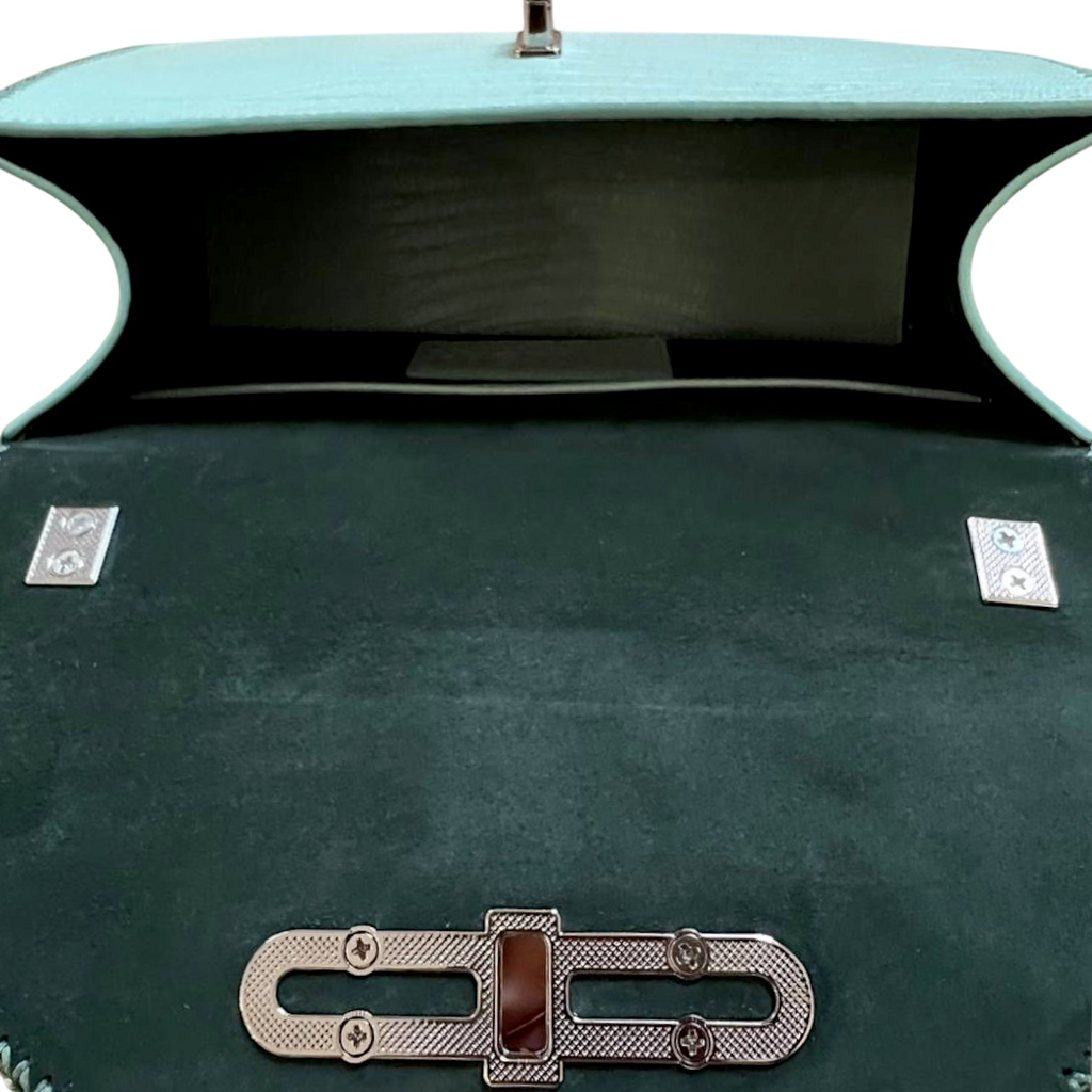 Mint lizard embossed leather top handle bag