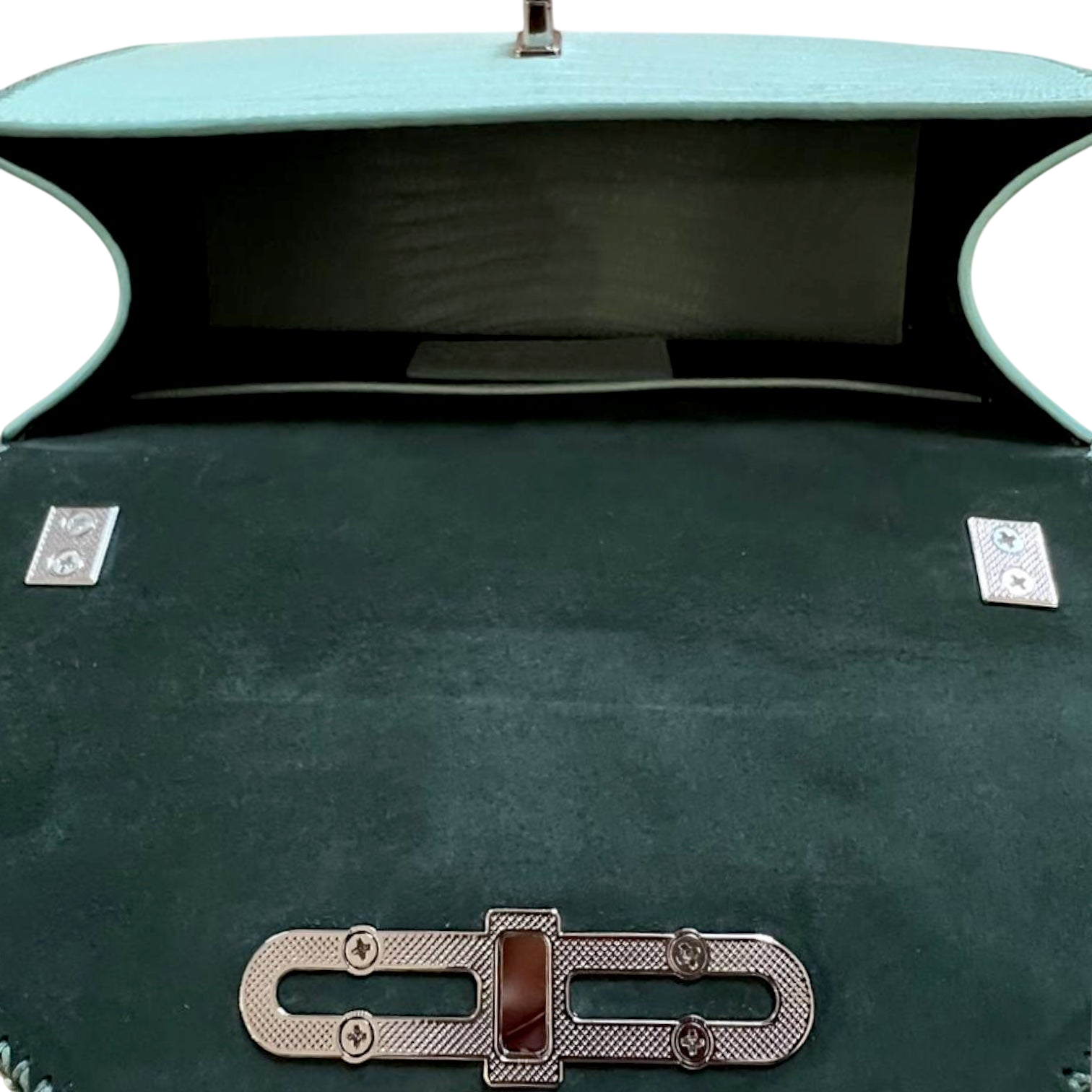 Mint lizard embossed leather top handle bag