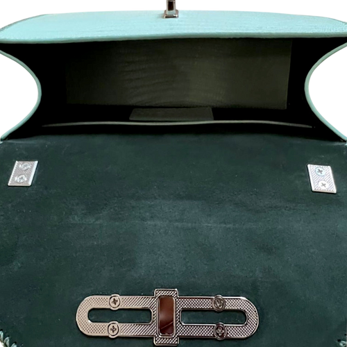 Mint lizard embossed leather top handle bag