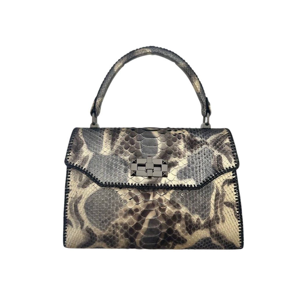 Grey/platinum python top handle bag