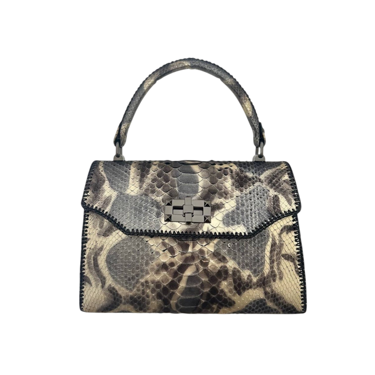 Grey/platinum python top handle bag