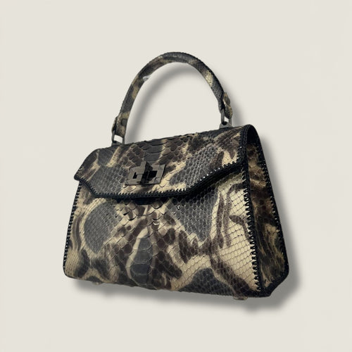Grey/platinum python top handle bag