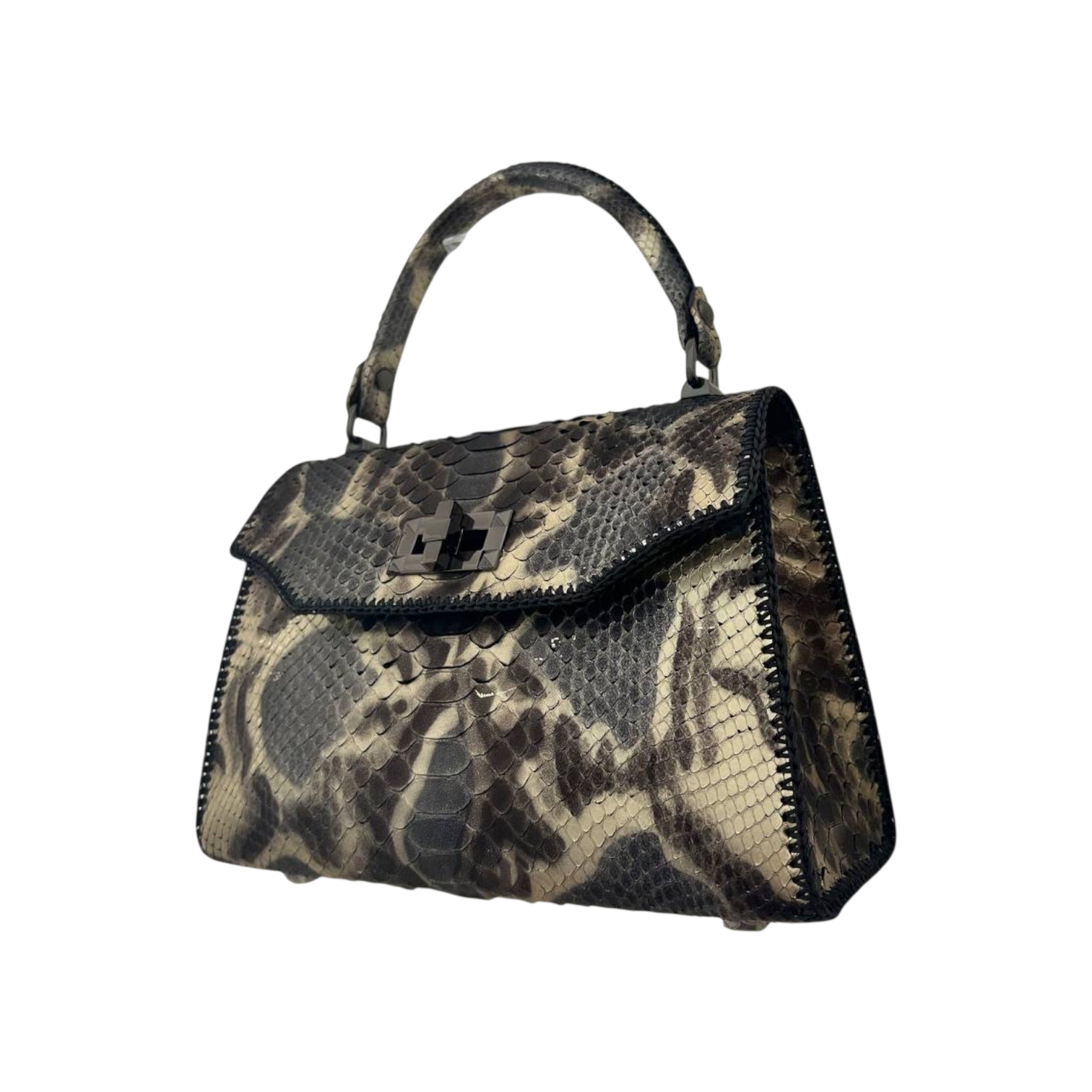 Grey/platinum python top handle bag
