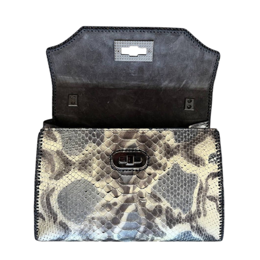 Grey/platinum python top handle bag