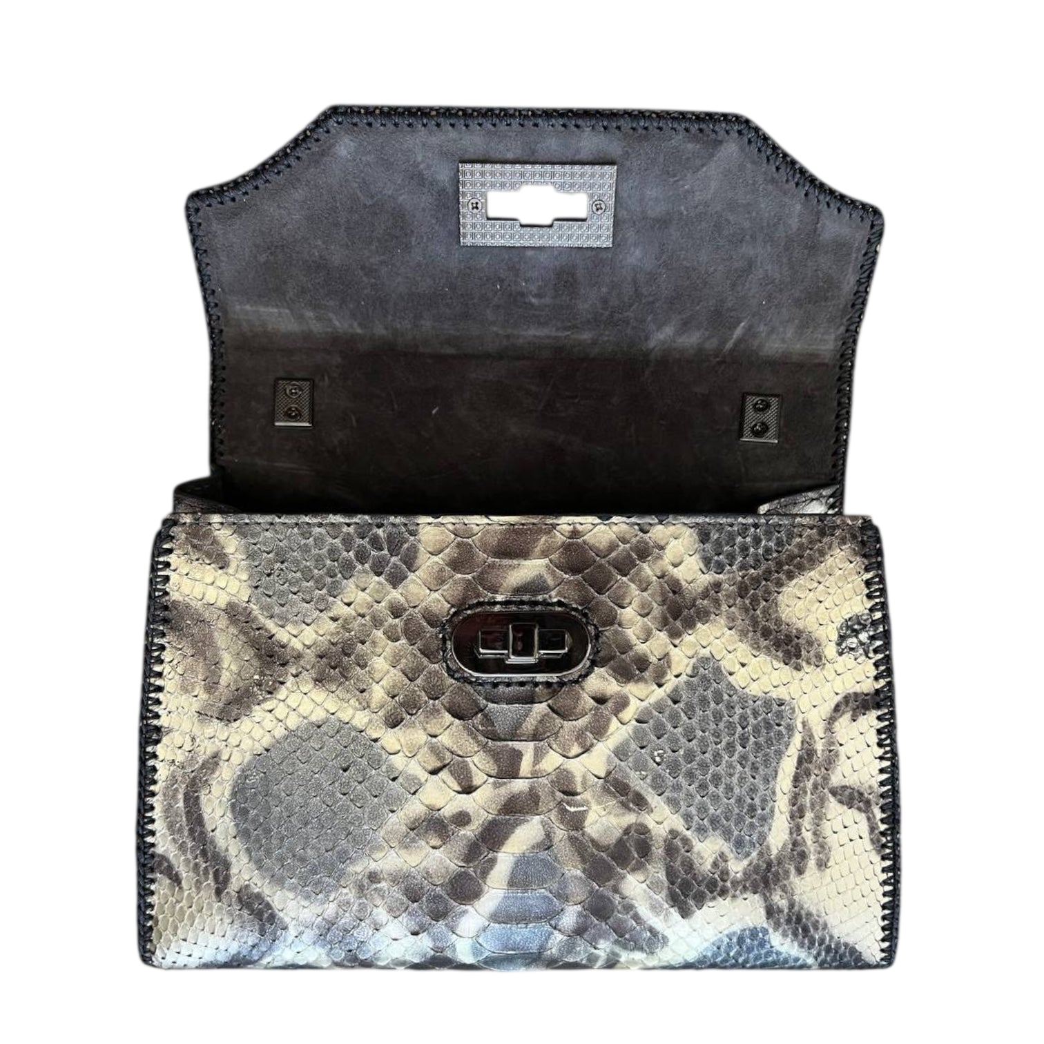Grey/platinum python top handle bag